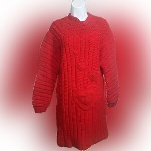 Handmade Hand-Knit Cozy Red Sweater Dress with Heart Pockets ♥️